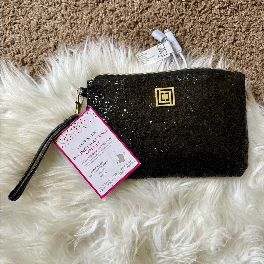 Liz Claiborne Black Sequin Wristlet Wallet with USB and iPhone Charger